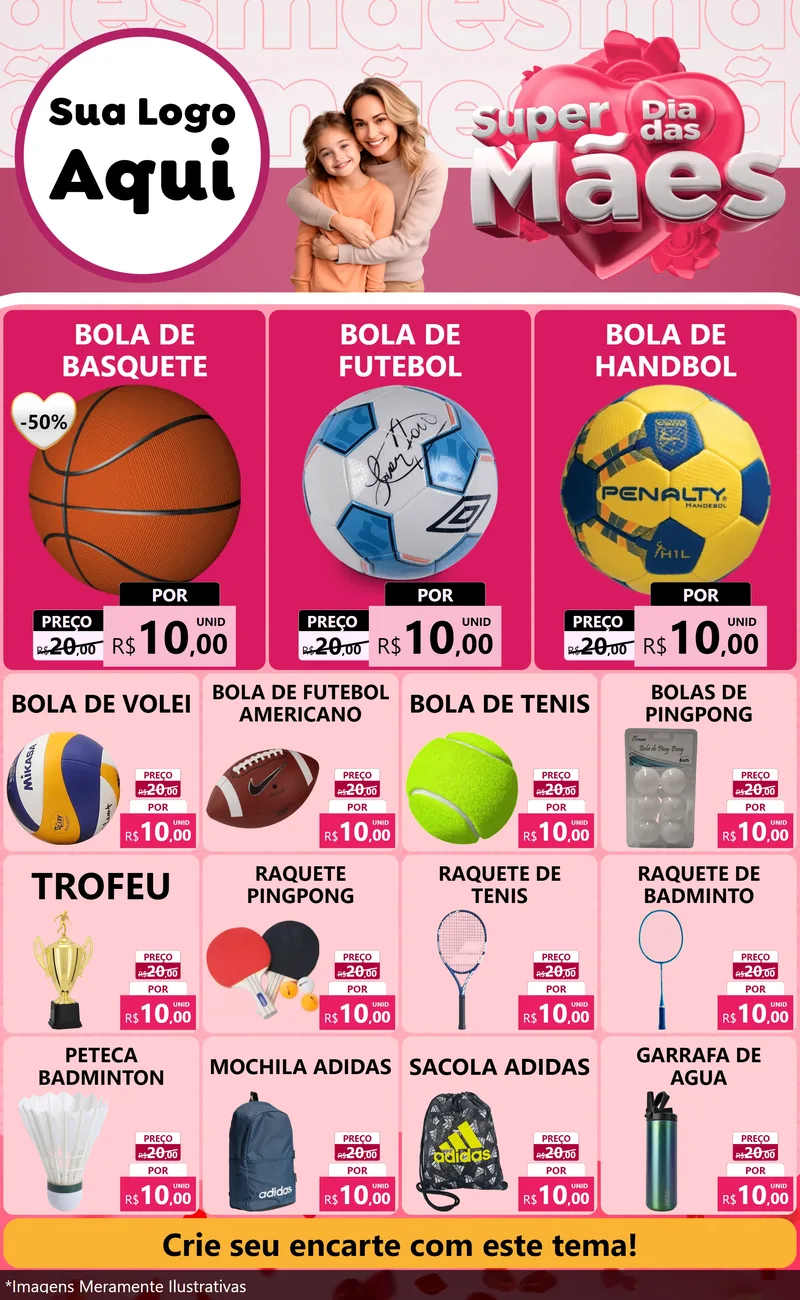 Modelo de Encarte para Encarte Grande com o tema Super Dia Das Mães para Artigos Esportivos