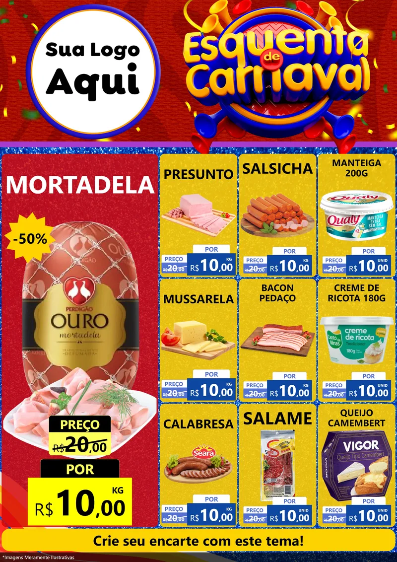 Modelo de Encarte para Encarte A4 Vertical com o tema Esquenta de Carnaval para Frios e Laticínios