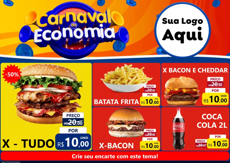 Modelo de Encarte para Encarte A4 Horizontal com o tema Carnaval da Economia para Hamburgueria