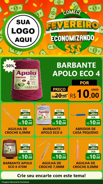 Modelo de Rede Social para Stories com o tema Comece Fevereiro Economizando para Armarinho e Aviamentos