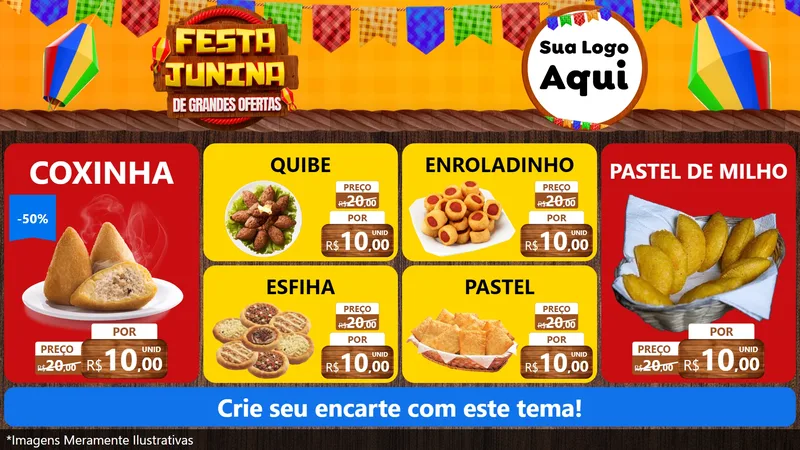 Modelo de TV para TV Horizontal com o tema Festa Junina de Grandes Ofertas para Salgadaria