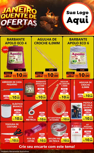 Modelo de Encarte para Encarte Grande com o tema Janeiro Quente de Ofertas para Armarinho e Aviamentos