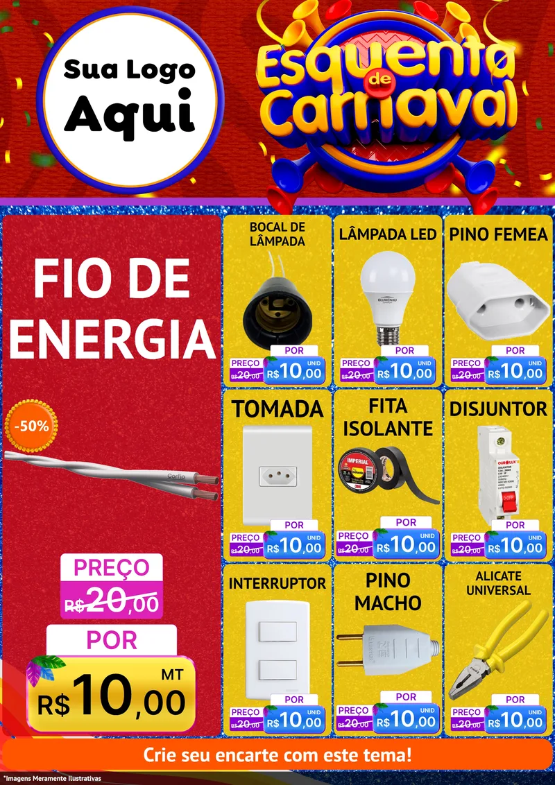 Modelo de Encarte para Encarte A4 Vertical com o tema Esquenta de Carnaval para Materiais Elétricos