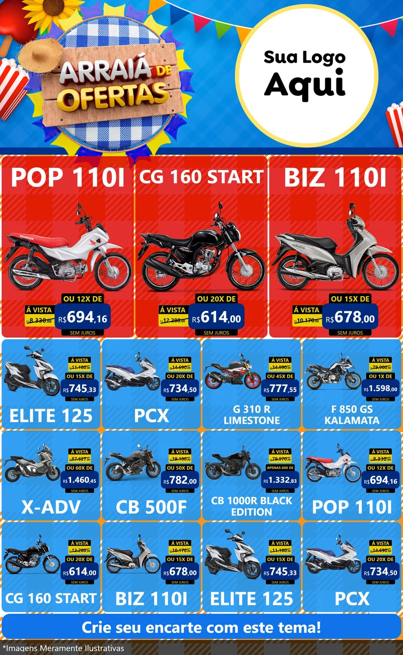 Modelo de Encarte para Encarte Grande com o tema Arraiá de Ofertas para Concessionaria de Motos