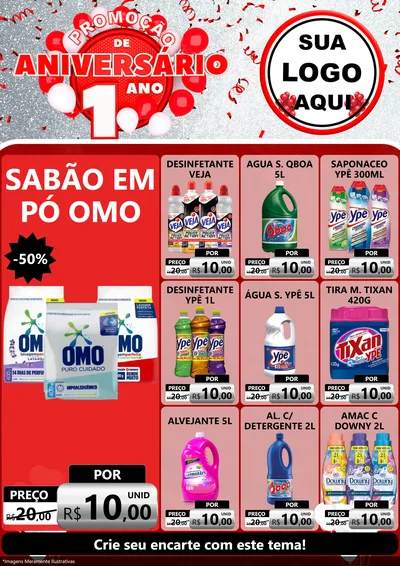 Modelo de Encarte para Encarte A4 Vertical com o tema Promoção de Aniversário - 1 Ano para Produtos de Limpeza
