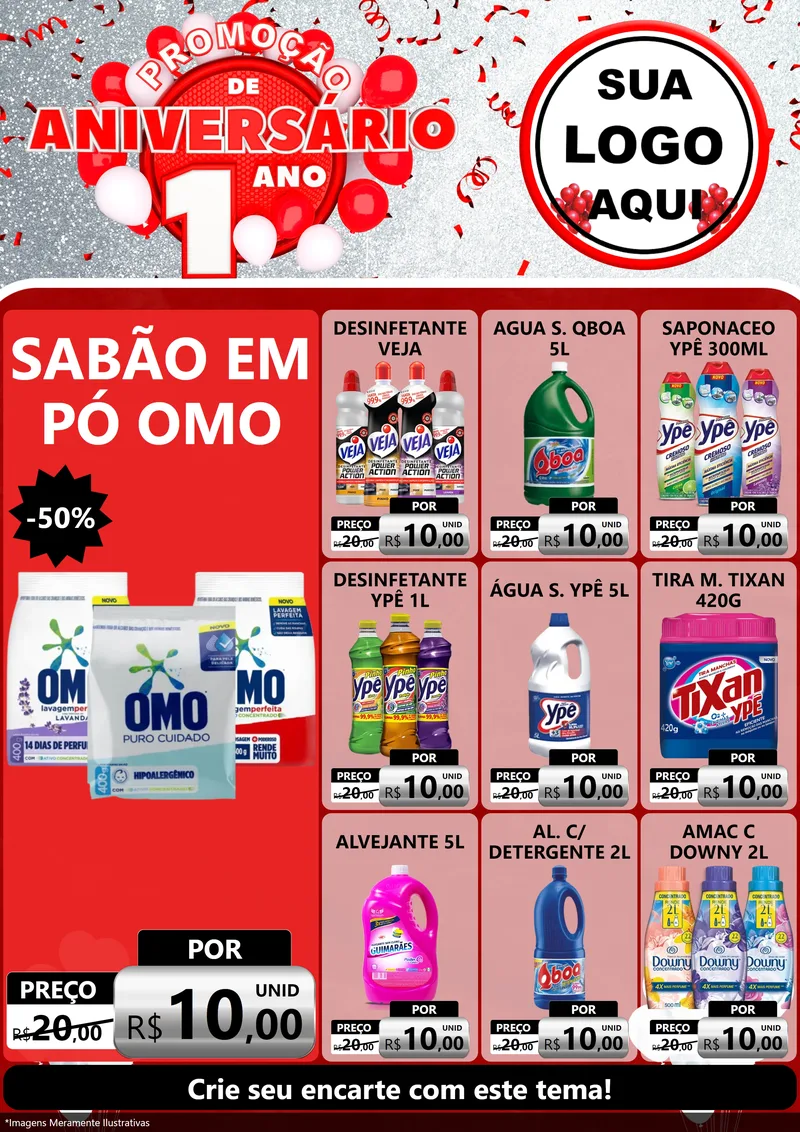 Modelo de Encarte para Encarte A4 Vertical com o tema Promoção de Aniversário - 1 Ano para Produtos de Limpeza