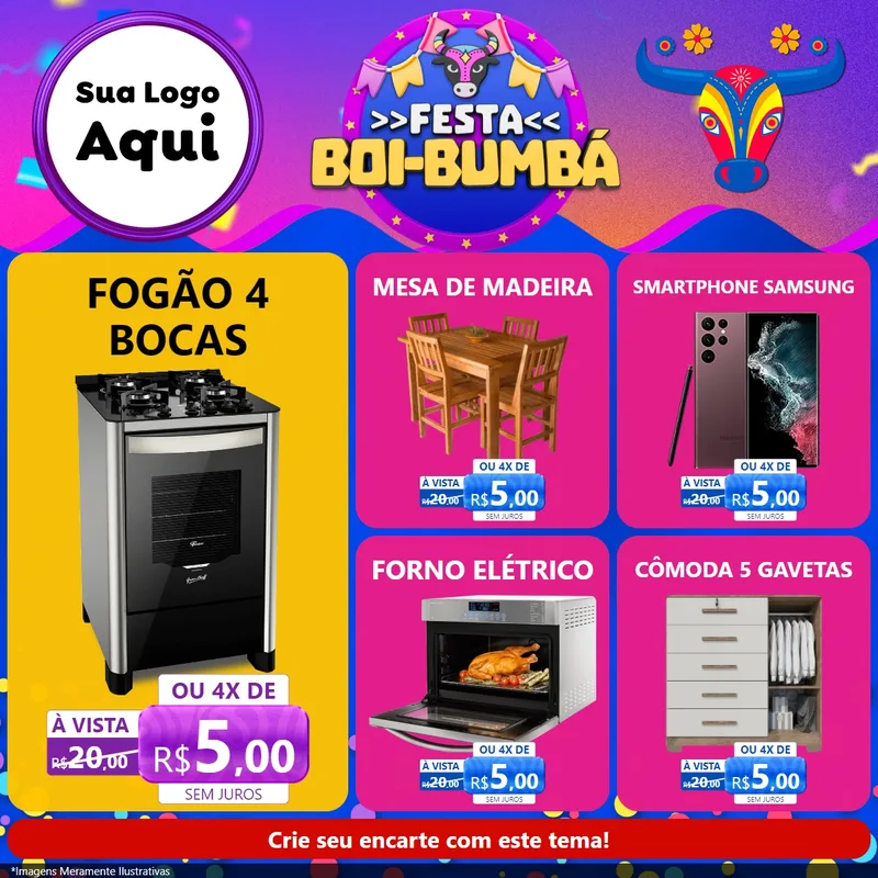 Modelo de Rede Social para Feed Facebook com o tema Festa Boi-Bumbá para Móveis e Eletro