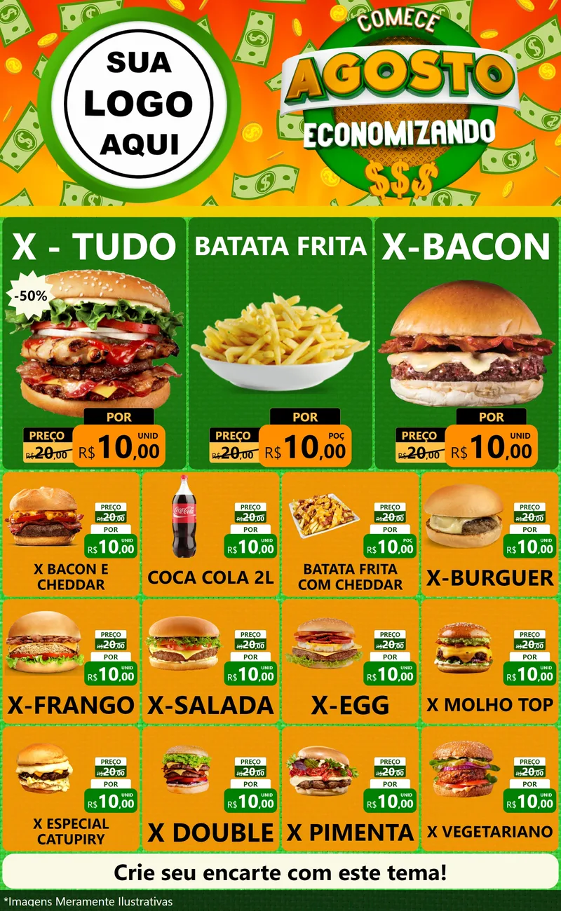 Modelo de Encarte para Encarte Grande com o tema Comece Agosto Economizando para Hamburgueria