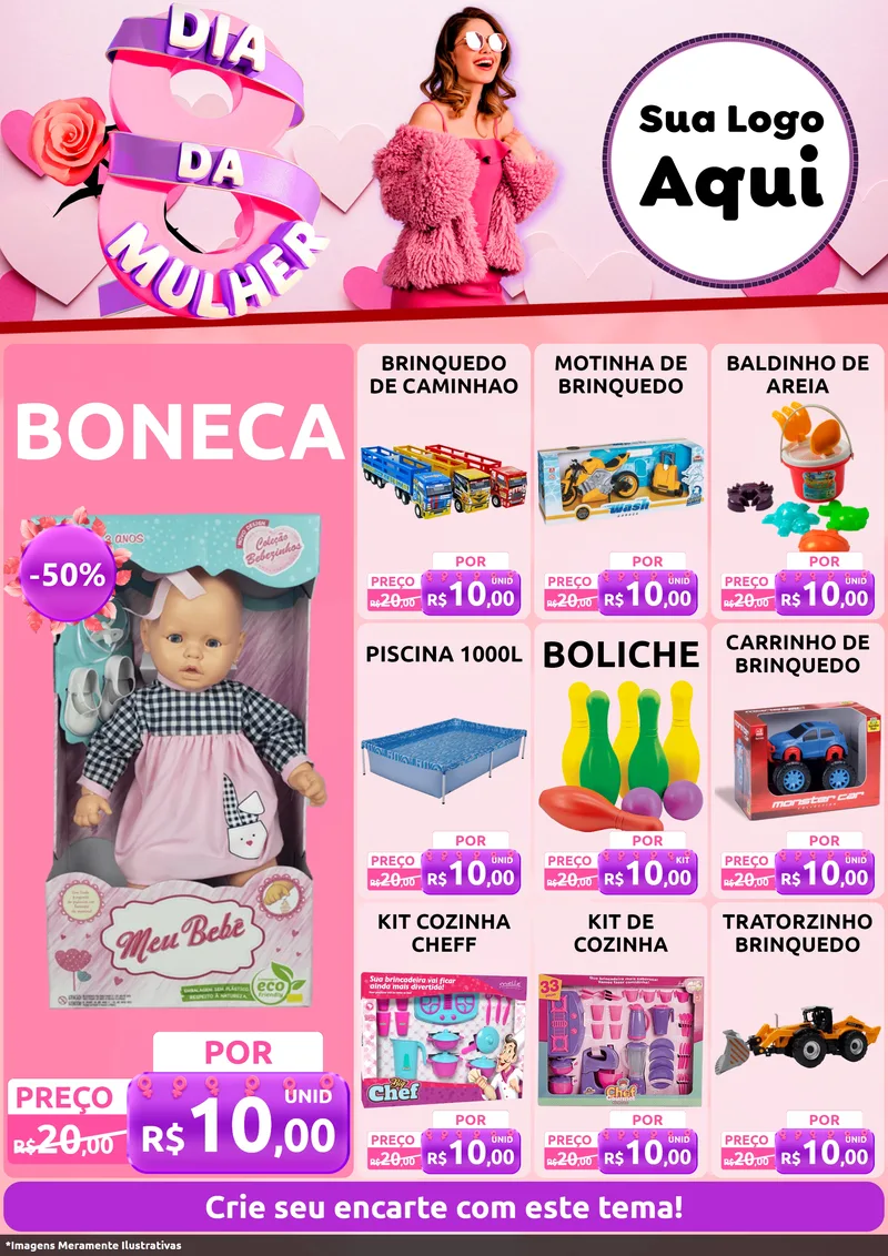Modelo de Encarte para Encarte A4 Vertical com o tema Dia da Mulher para Brinquedos