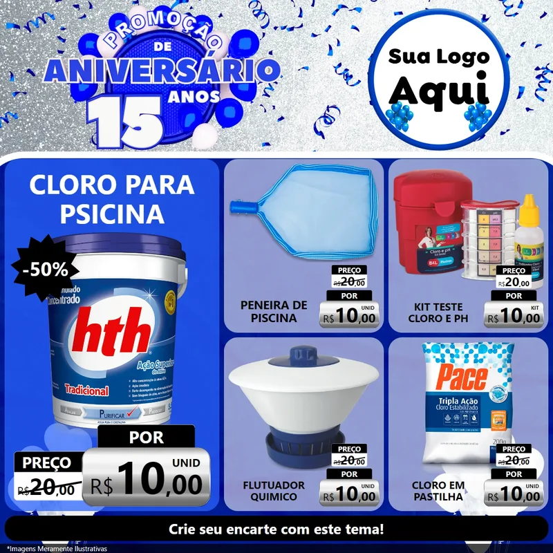 Modelo de Rede Social para Feed Facebook com o tema Promoção de Aniversário - 15 Anos para Produtos para Piscina