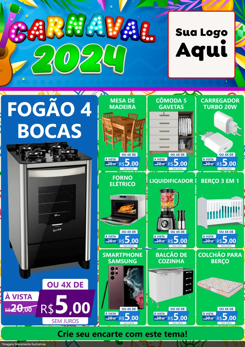 Modelo de Encarte para Encarte A4 Vertical com o tema Carnaval 2027 para Móveis e Eletro