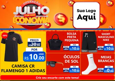 Modelo de Encarte para Encarte A4 Horizontal com o tema Operação Julho Com Mais Economia para Roupas e acessórios