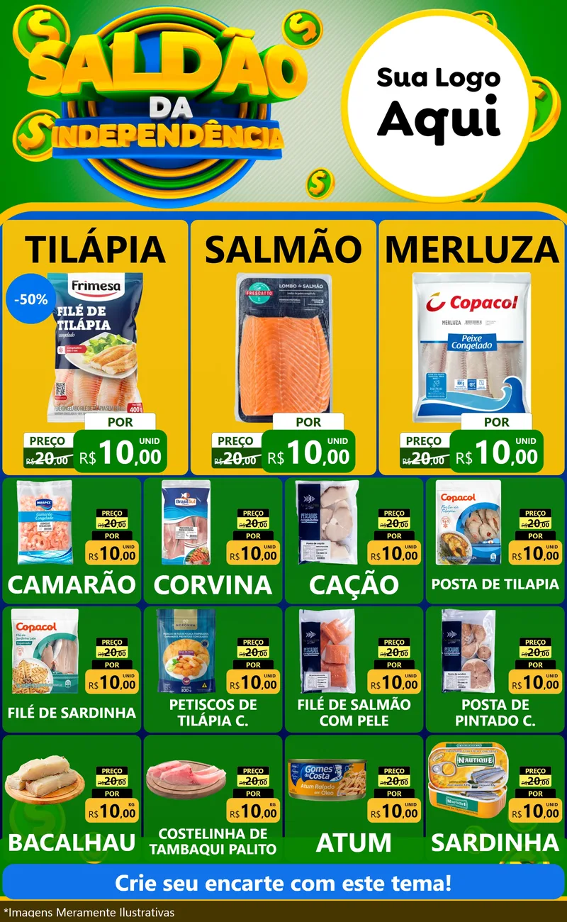 Modelo de Encarte para Encarte Grande com o tema Saldão da Indepêndencia para Peixaria