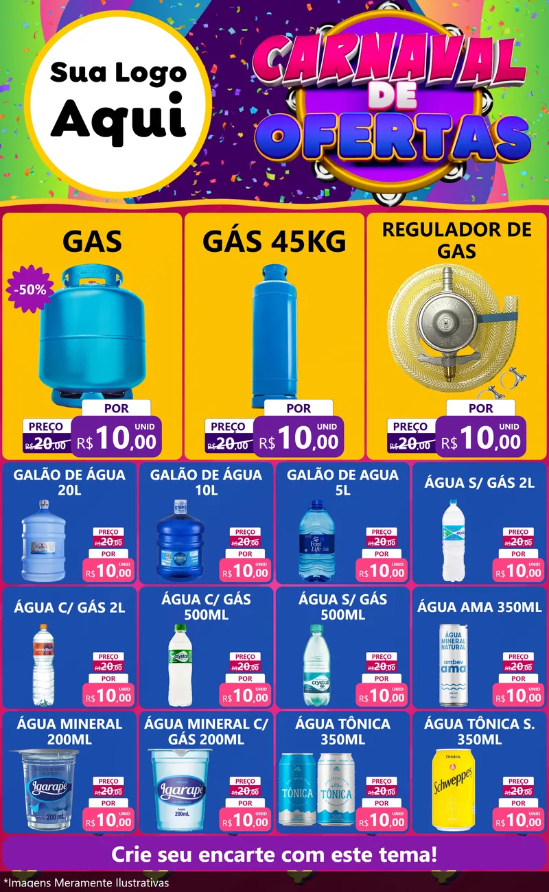 Modelo de Encarte para Encarte Grande com o tema Carnaval de Ofertas para Água e gás