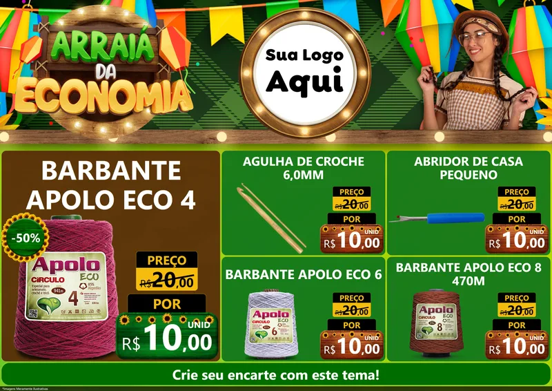 Modelo de Encarte para Encarte A4 Horizontal com o tema Arraiá de Economia para Armarinho e Aviamentos