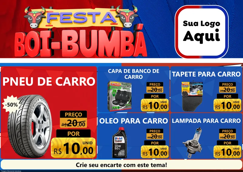 Modelo de Encarte para Encarte A4 Horizontal com o tema Festa Boi Bumbá para Auto peças