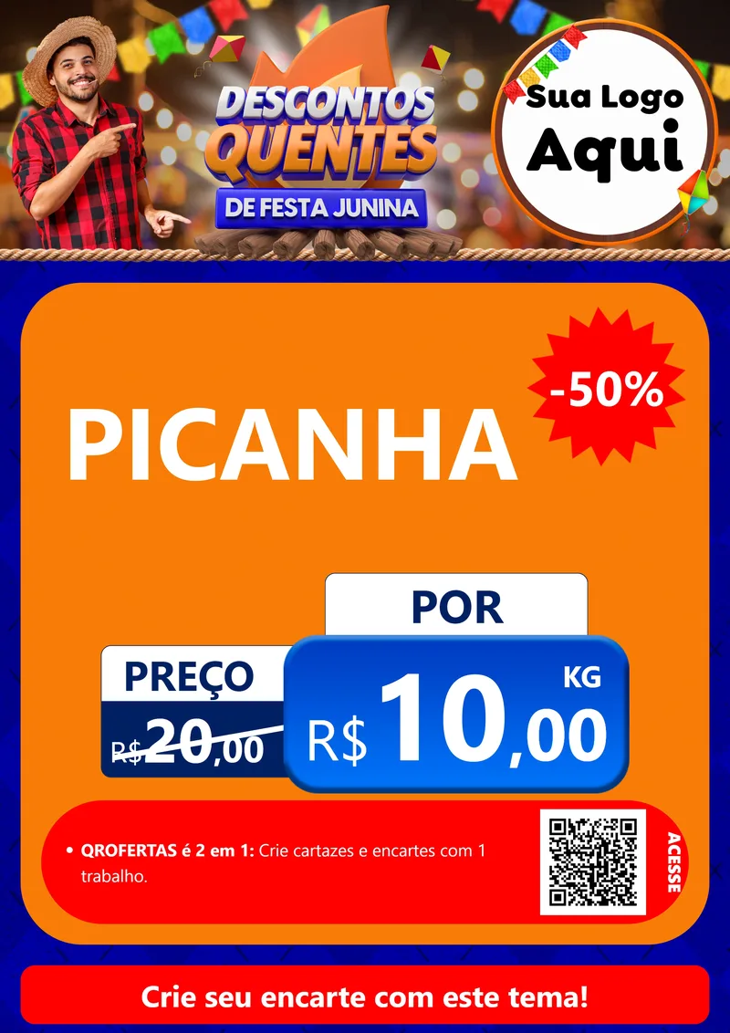 Modelo de Cartaz para Cartaz A4 Vertical com o tema Descontos Quentes de Festa Junina para Açougue
