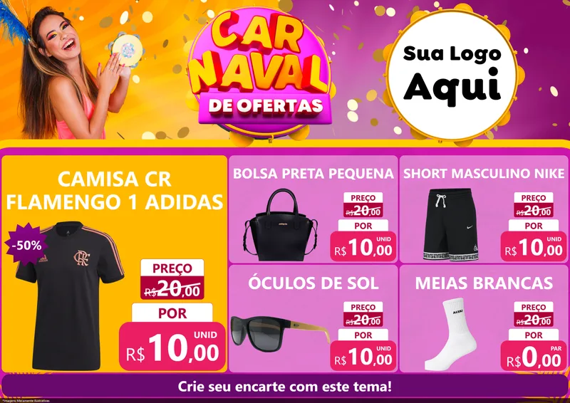 Modelo de Encarte para Encarte A4 Horizontal com o tema Carnaval de Ofertas para Roupas e acessórios
