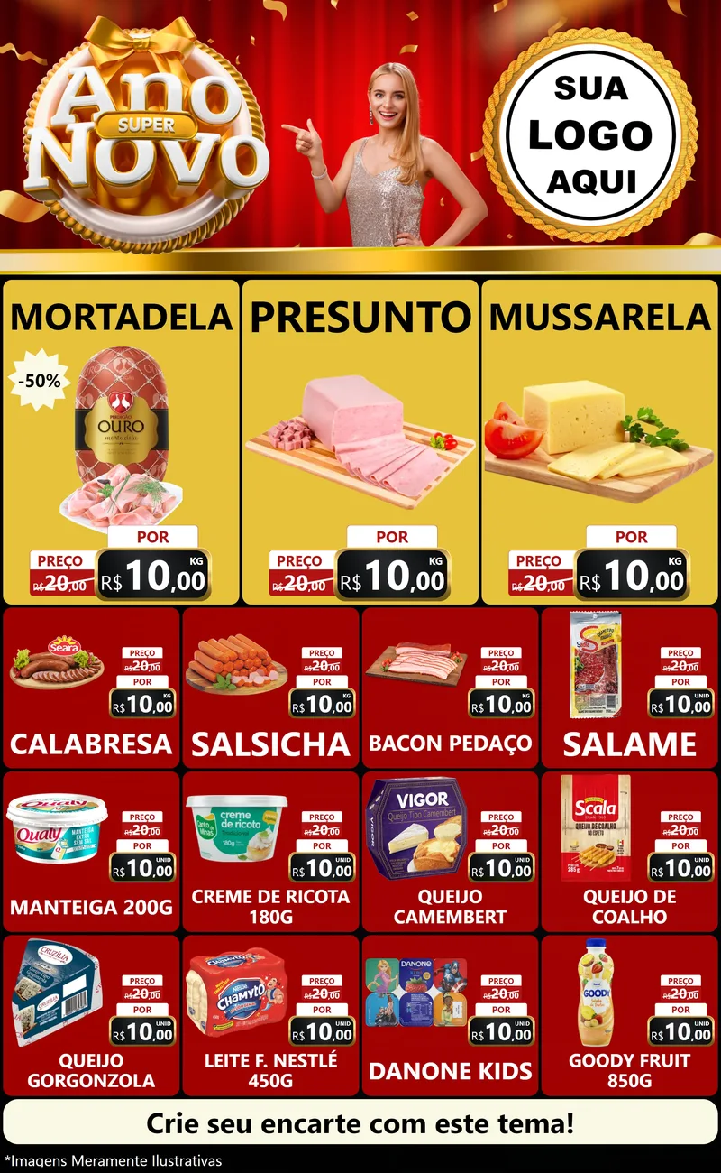 Modelo de Encarte para Encarte Grande com o tema Super Ano Novo para Frios e Laticínios
