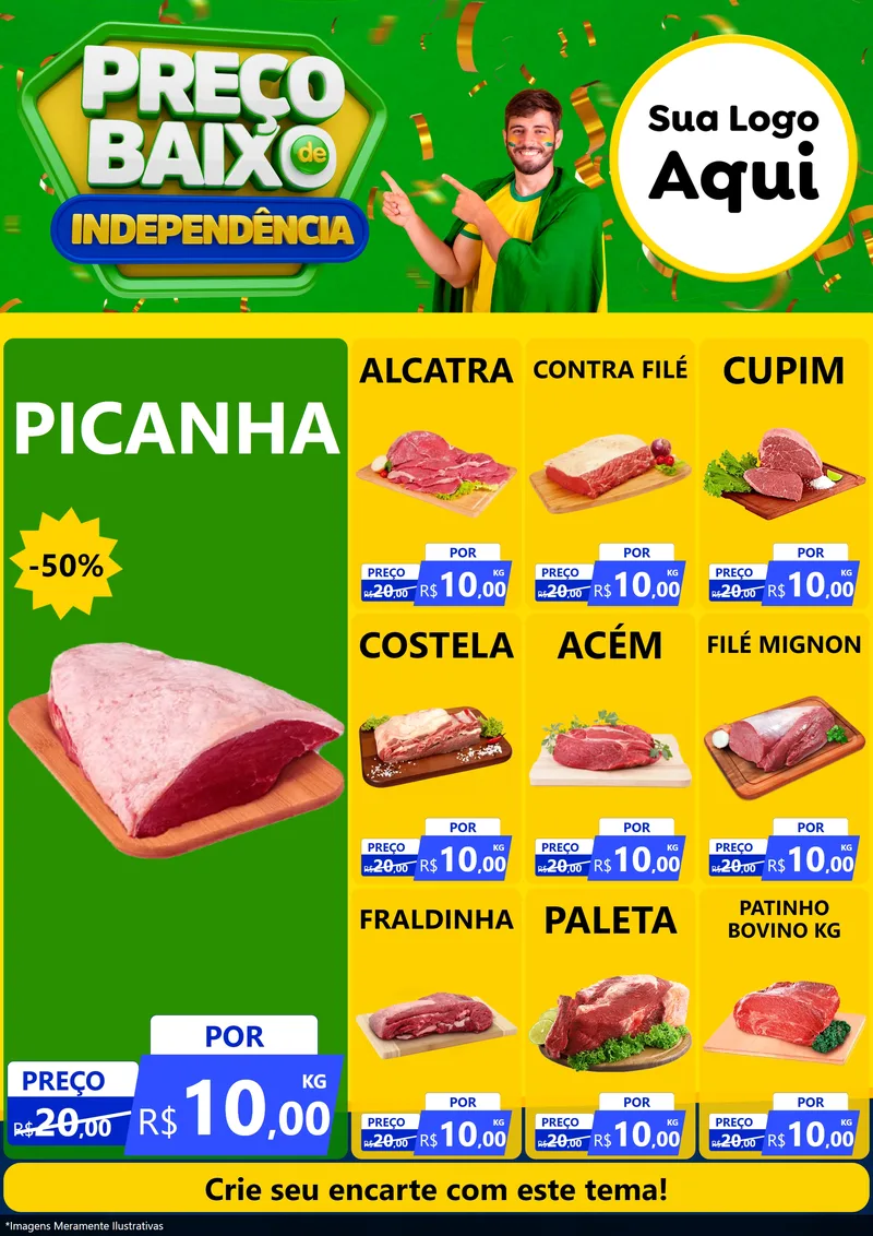 Modelo de Encarte para Encarte A4 Vertical com o tema Preço Baixo de Independência para Açougue