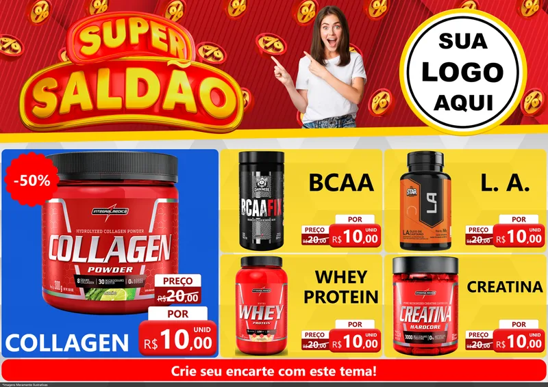 Modelo de Encarte para Encarte A4 Horizontal com o tema Super Saldão para Suplementos alimentares