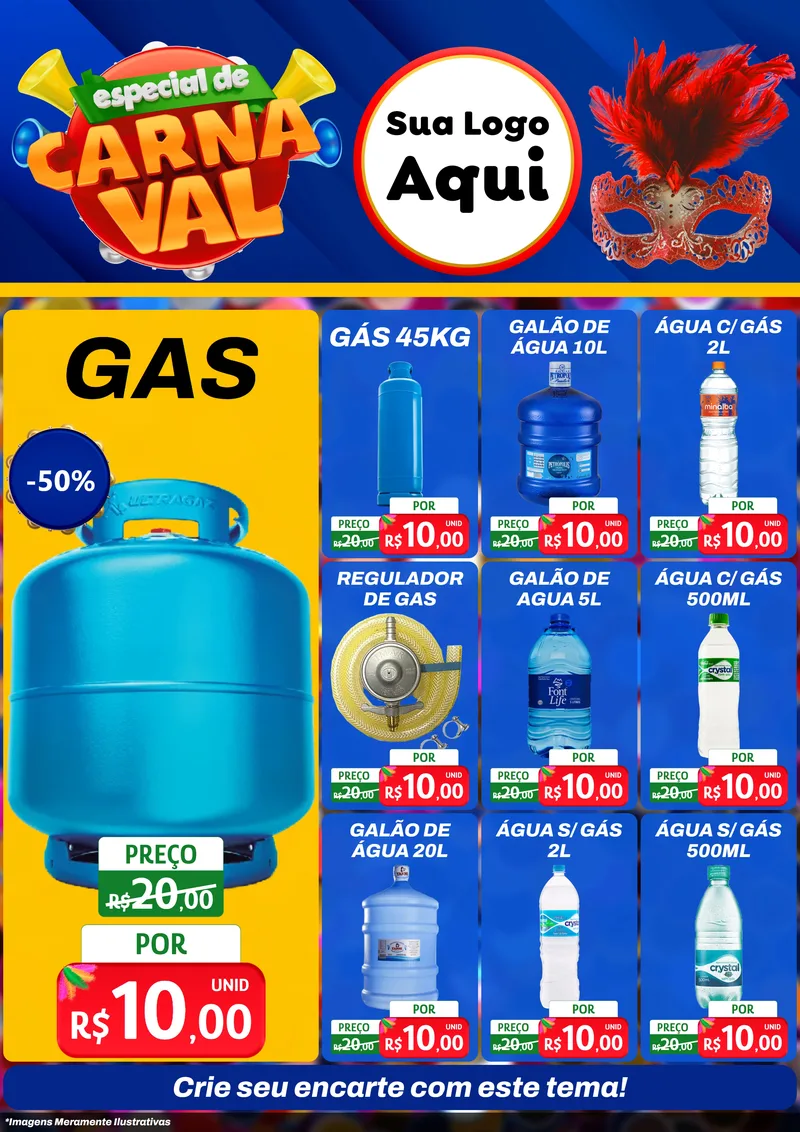 Modelo de Encarte para Encarte A4 Vertical com o tema Especial de Carnaval para Água e gás