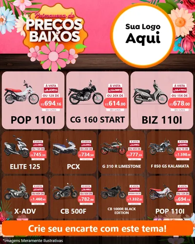 Modelo de Rede Social para Feed Instagram com o tema Primavera de Preços Baixos para Concessionaria de Motos