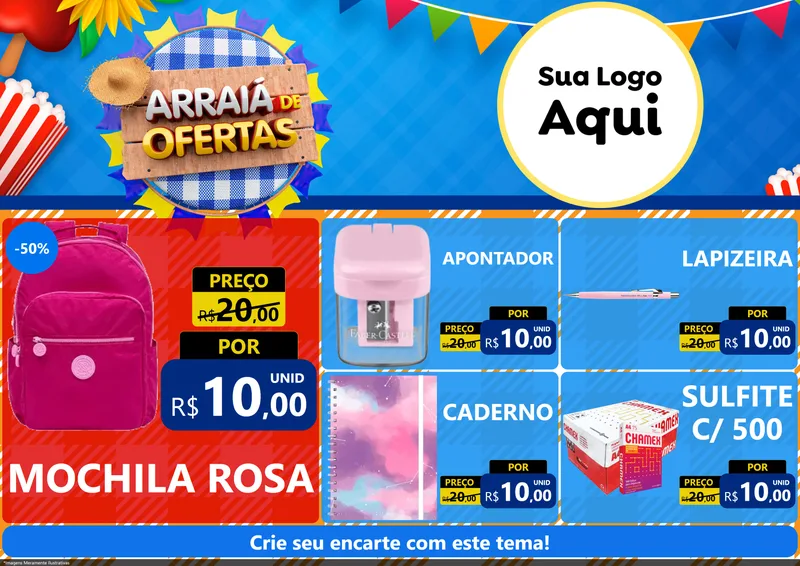 Modelo de Encarte para Encarte A4 Horizontal com o tema Arraiá de Ofertas para Papelaria