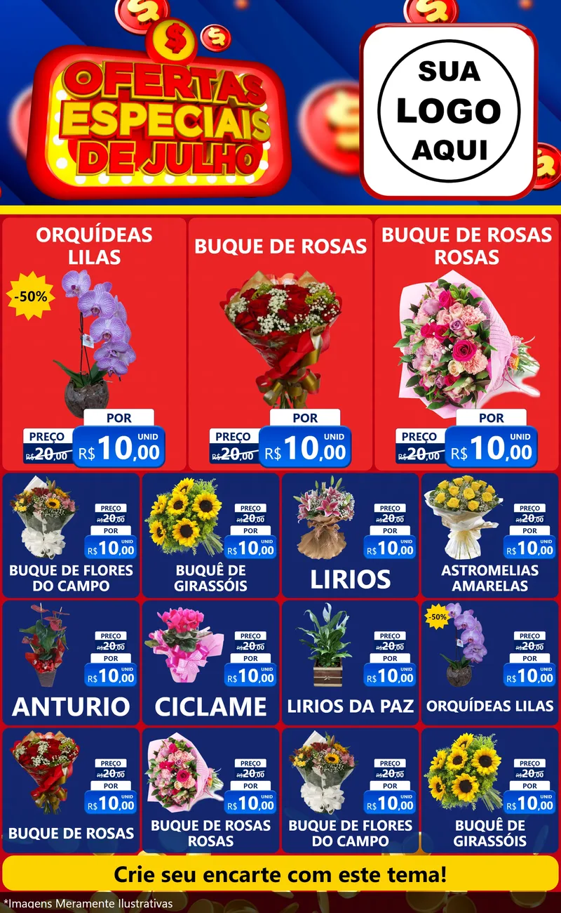 Modelo de Encarte para Encarte Grande com o tema Ofertas Especiais de Julho para Floricultura e jardim