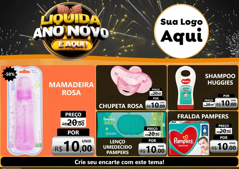 Modelo de Encarte para Encarte A4 Horizontal com o tema Liquida Ano Novo É Aqui! para Bebês
