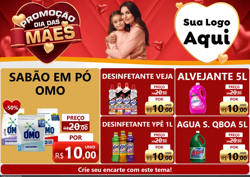 Modelo de Encarte para Encarte A4 Horizontal com o tema Promoção Dia das Mães para Produtos de Limpeza