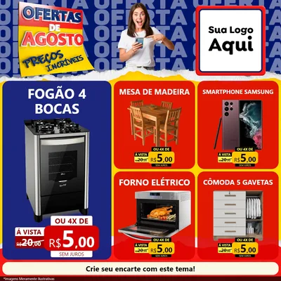 Modelo de Rede Social para Feed Facebook com o tema Ofertas de Agosto - Preços Incríveis para Móveis e Eletro