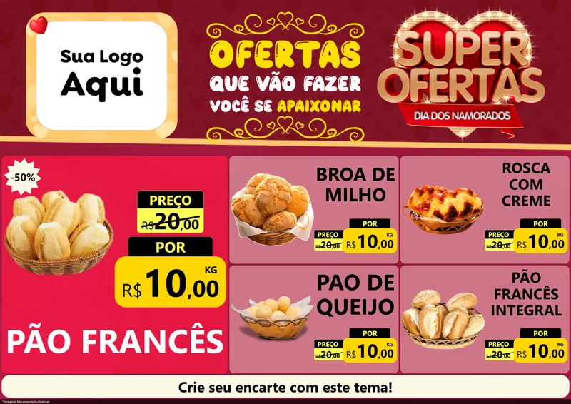 Modelo de Encarte para Encarte A4 Horizontal com o tema Dia dos Namorados para Padaria