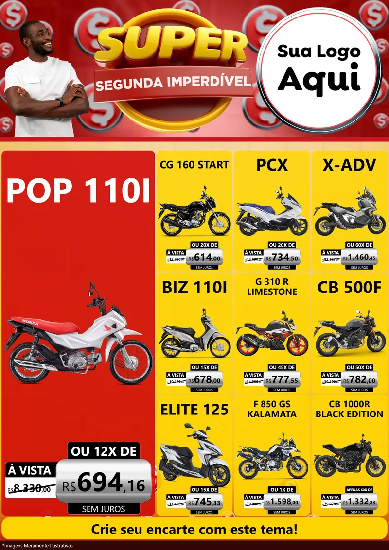 Modelo de Encarte para Encarte A4 Vertical com o tema Super Segunda Imperdível para Concessionaria de Motos