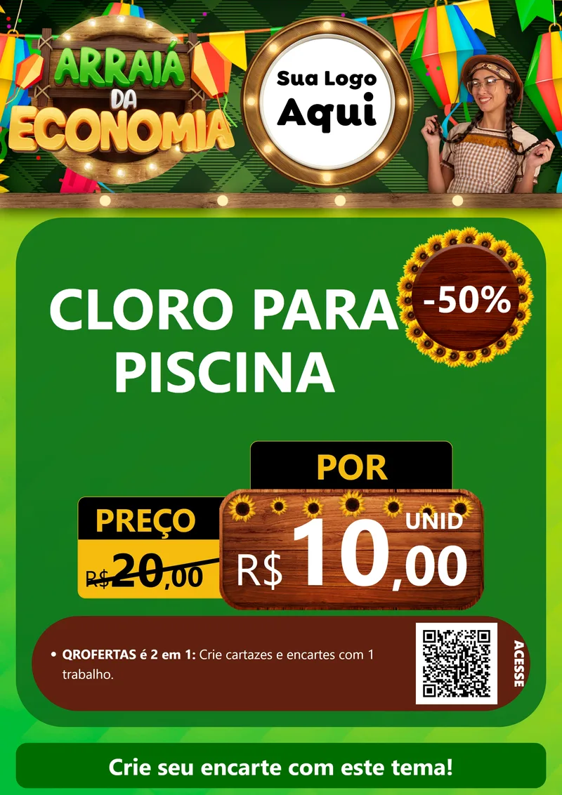 Modelo de Cartaz para Cartaz A4 Vertical com o tema Arraiá de Economia para Produtos para Piscina