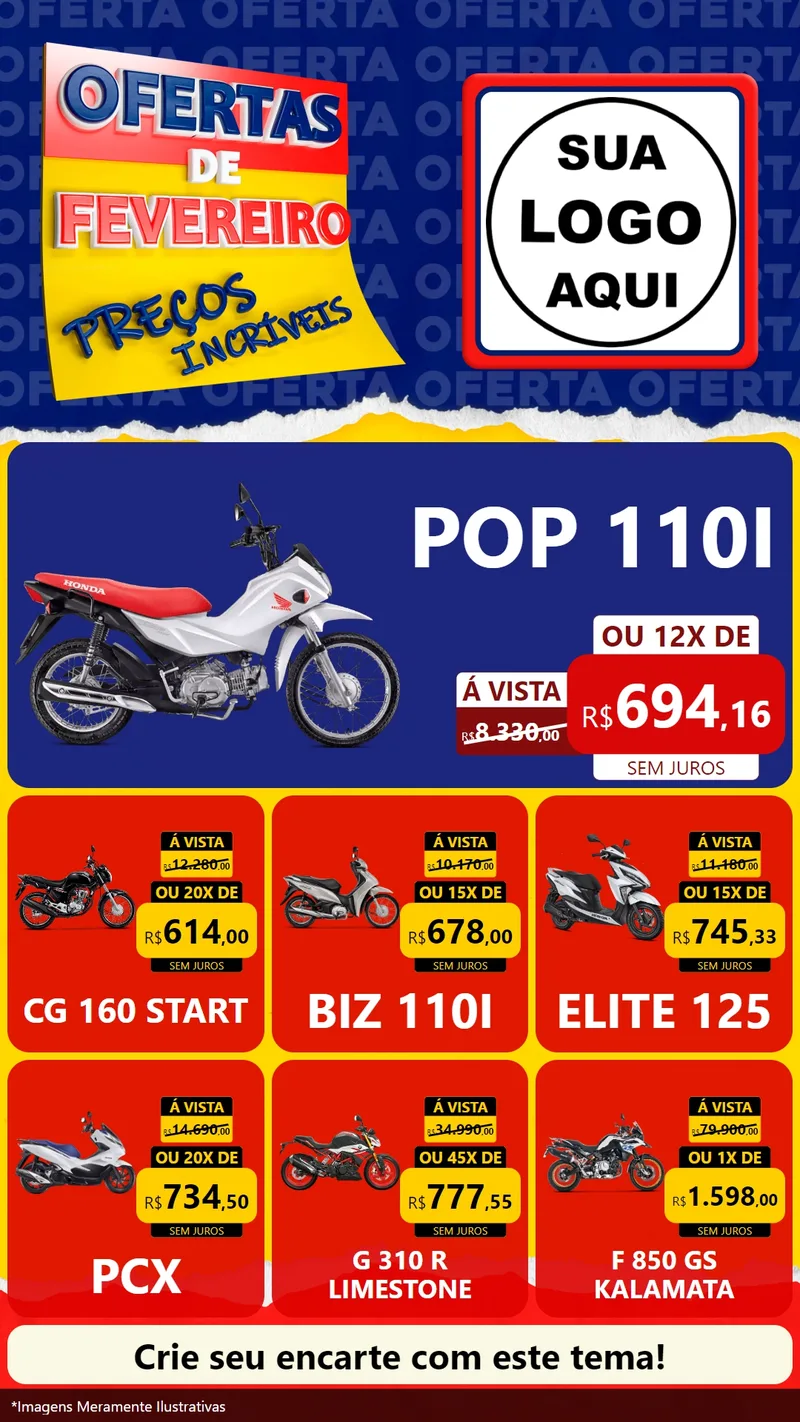 Modelo de Rede Social para Stories com o tema Ofertas de Fevereiro - Preços Incríveis para Concessionaria de Motos