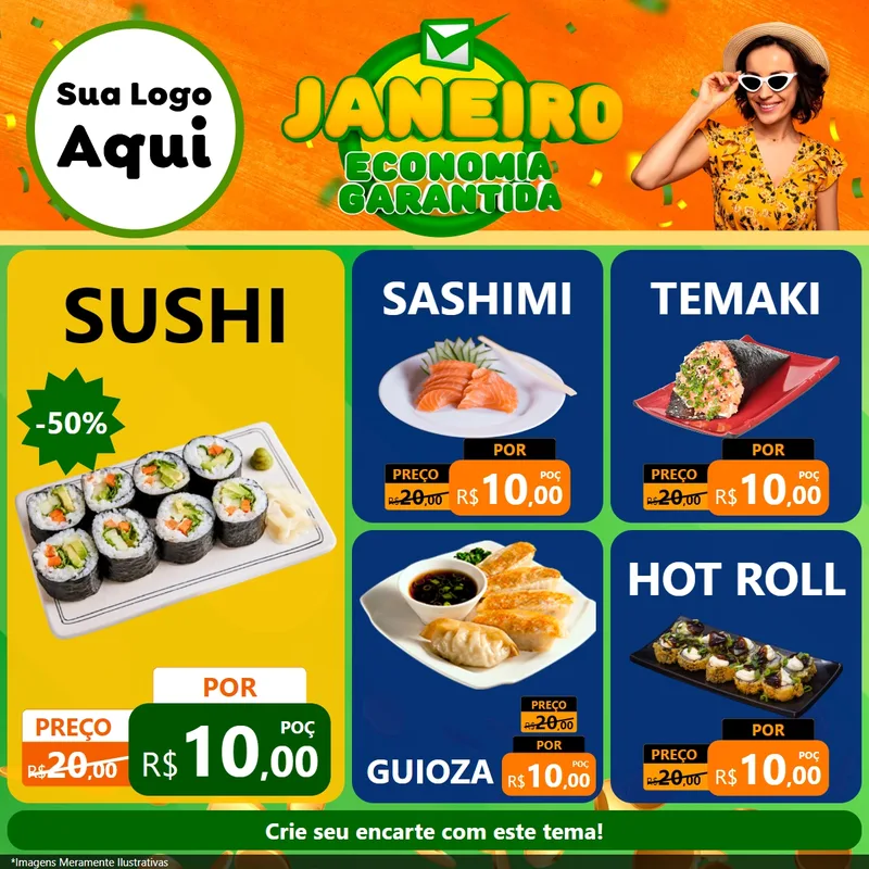 Modelo de Rede Social para Feed Facebook com o tema Janeiro - Economia Garantida para Comida japonesa