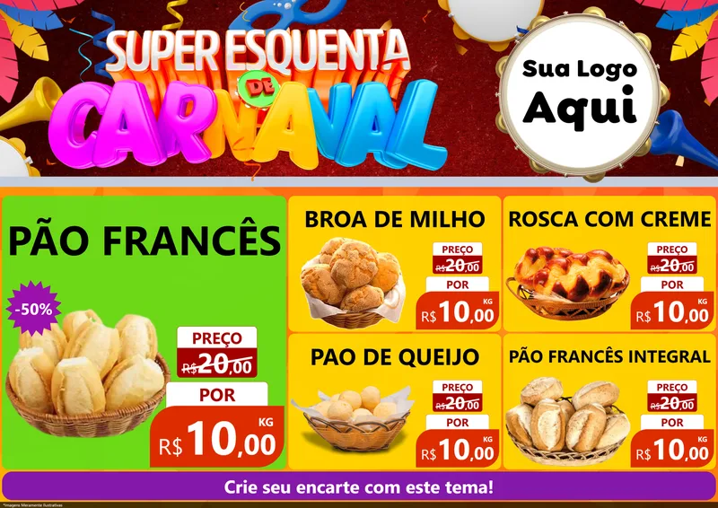 Modelo de Encarte para Encarte A4 Horizontal com o tema Super Esquenta de Carnaval para Padaria