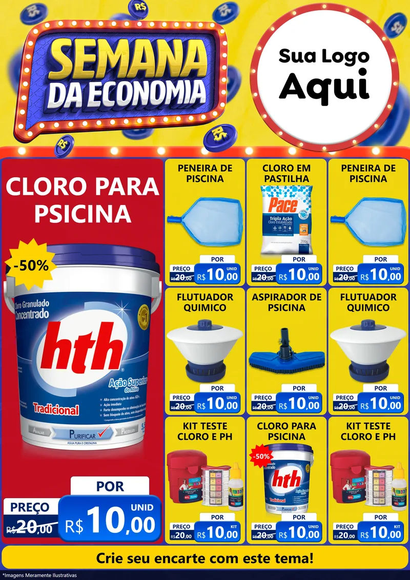 Modelo de Encarte para Encarte A4 Vertical com o tema Semana da Economia para Produtos para Piscina