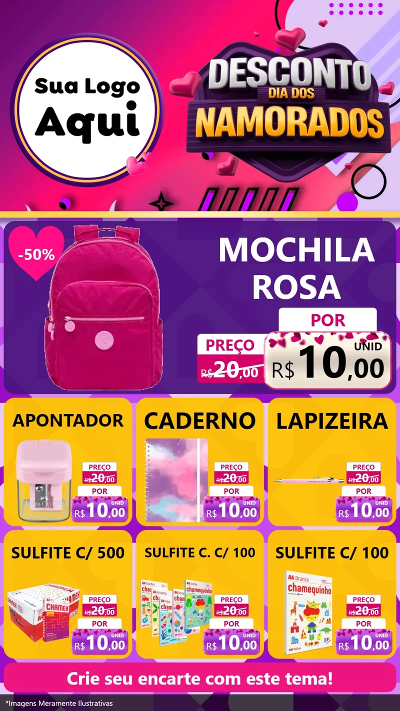 Modelo de Rede Social para Stories com o tema Desconto Dia dos Namorados para Papelaria