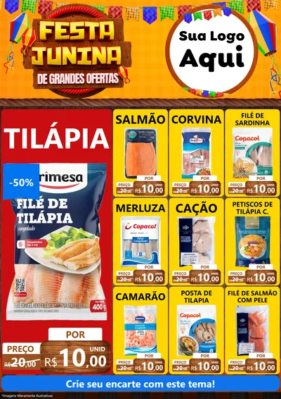 Modelo de Encarte para Encarte A4 Vertical com o tema Festa Junina de Grandes Ofertas para Peixaria