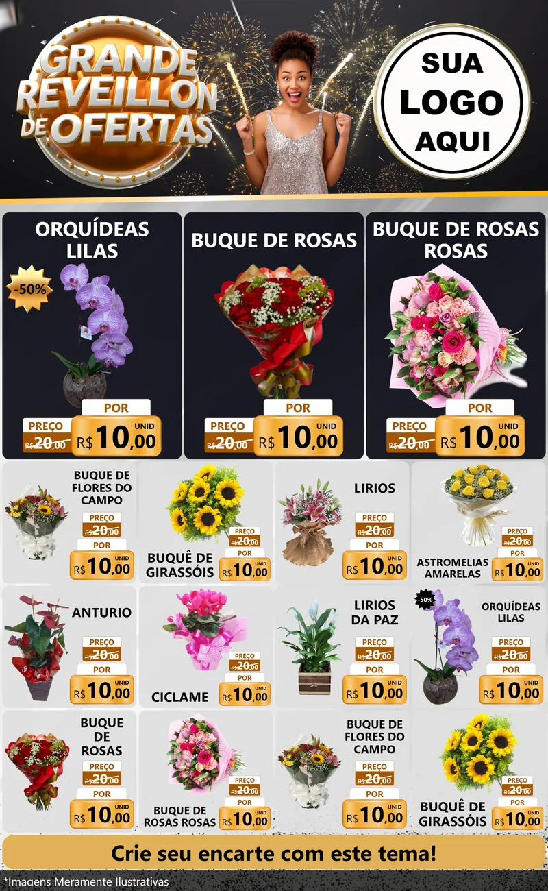 Modelo de Encarte para Encarte Grande com o tema Grande Réveillon de Ofertas para Floricultura e jardim