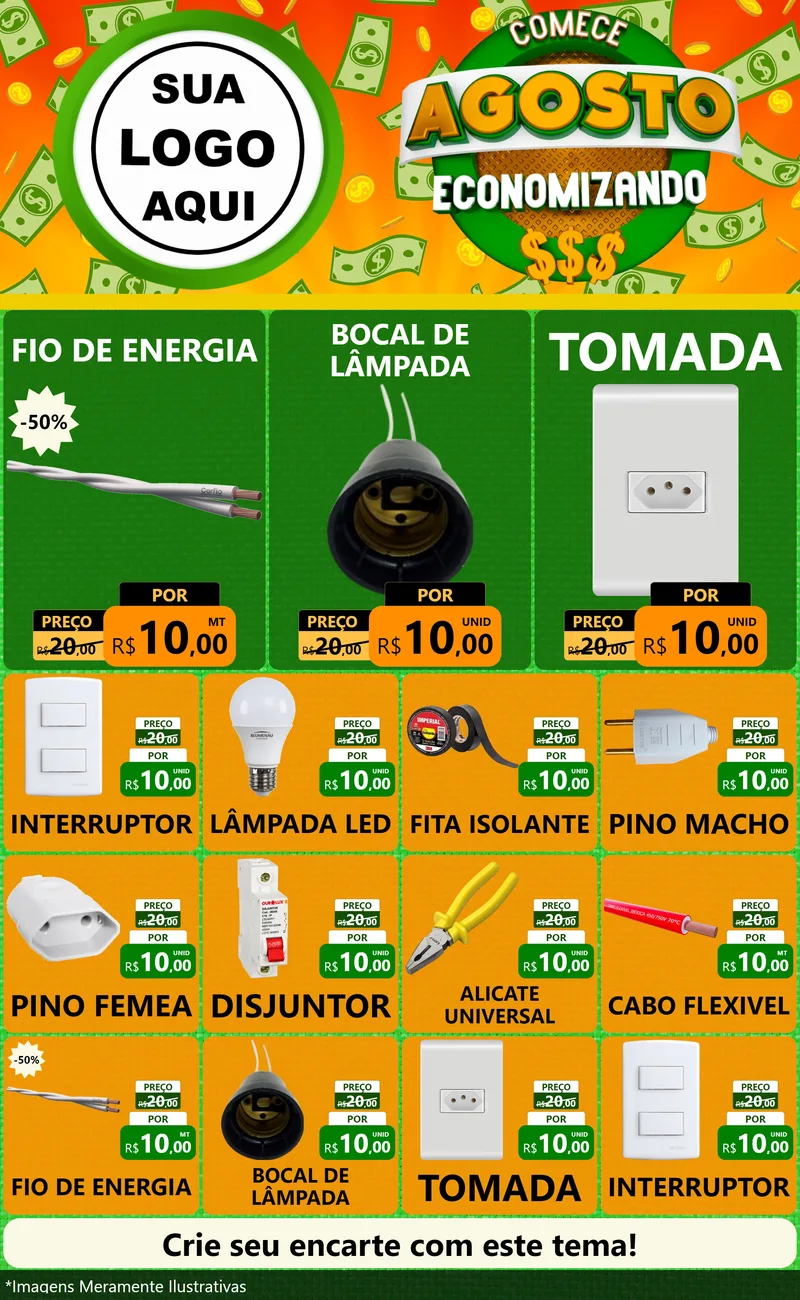 Modelo de Encarte para Encarte Grande com o tema Comece Agosto Economizando para Materiais Elétricos