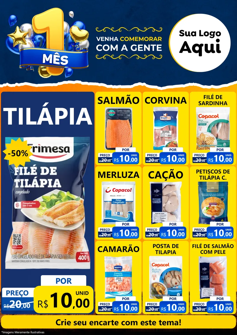 Modelo de Encarte para Encarte A4 Vertical com o tema Um Mês de Aniversário para Peixaria