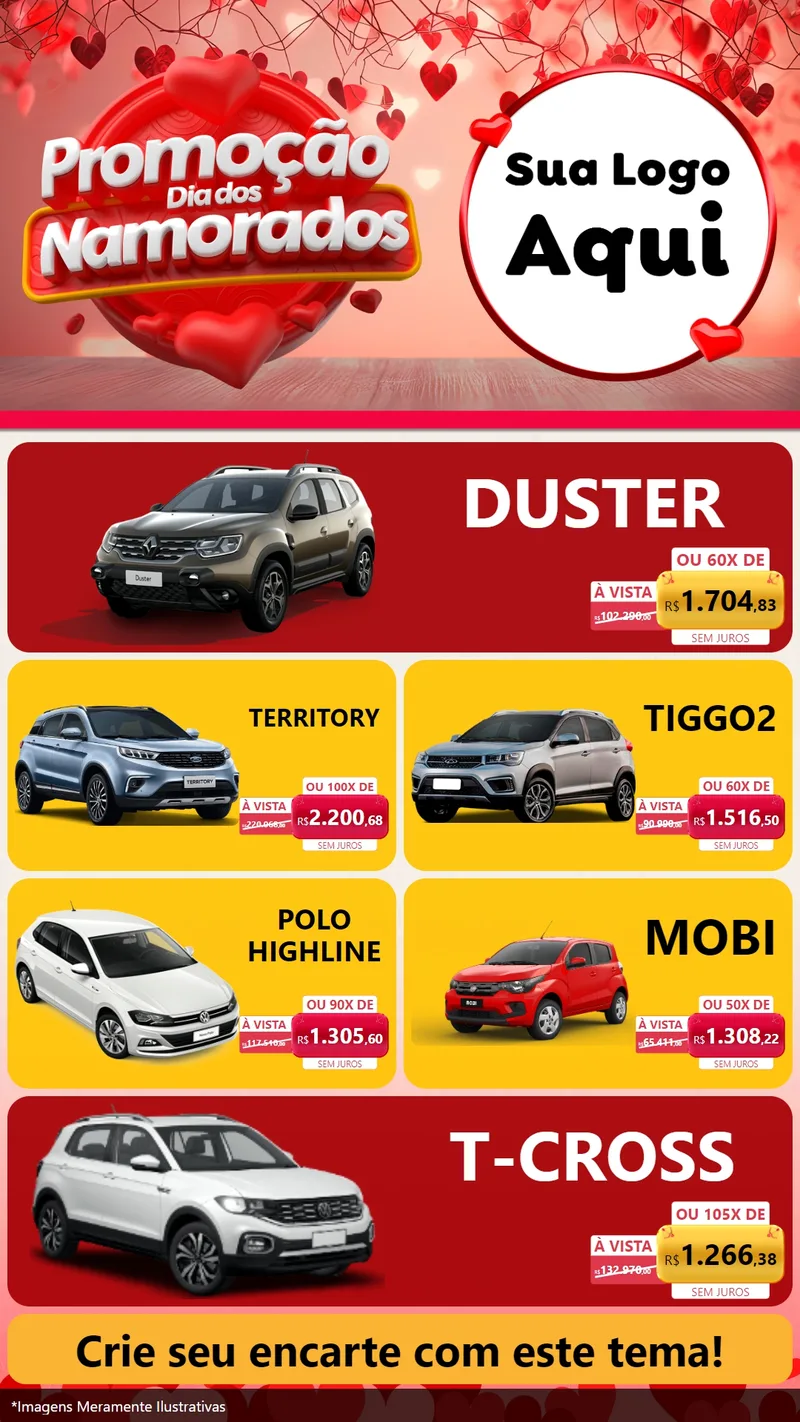 Modelo de TV para TV Vertical com o tema Promoção Dia dos Namorados para Concessionaria de Carros