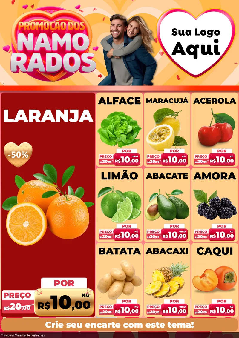 Modelo de Encarte para Encarte A4 Vertical com o tema Promoção dos Namorados para Hortifrúti