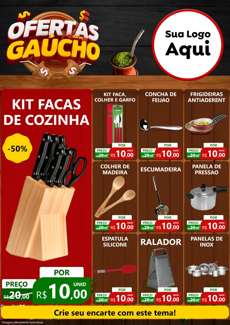 Modelo de Encarte para Encarte A4 Vertical com o tema Ofertas Dia do Gaúcho para Utilidades Domésticas