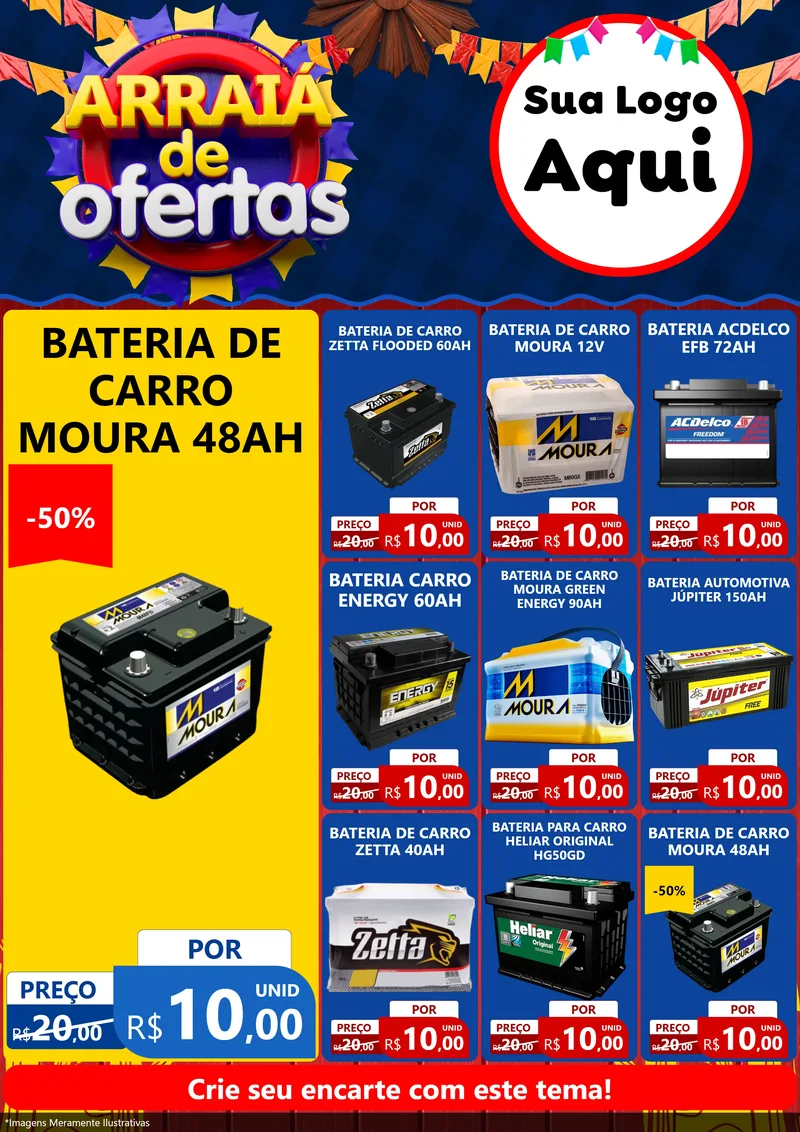 Modelo de Encarte para Encarte A4 Vertical com o tema Arraiá de Ofertas para Baterias Elétricas