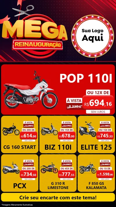 Modelo de Rede Social para Stories com o tema Mega Reinauguração para Concessionaria de Motos