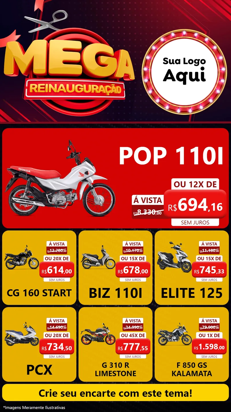 Modelo de Rede Social para Stories com o tema Mega Reinauguração para Concessionaria de Motos